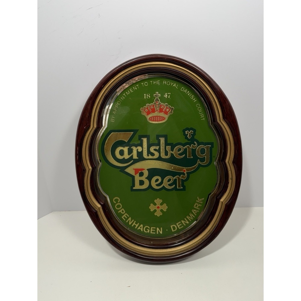 Carlsberg‎ Beer Sign Mirror with Wood Frame Copenhagen Denmark Vintage 1990